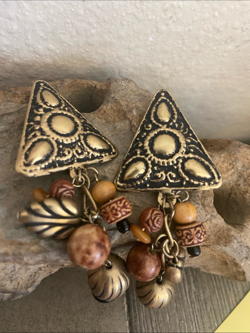 Vintage 90s Bohemian Gold-Tone Triangle ClipOn Dangle Earrings